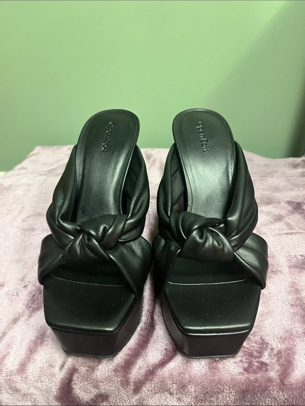 Black Knotted Platform Mule Heels - Women's Slip-On Block Platforms